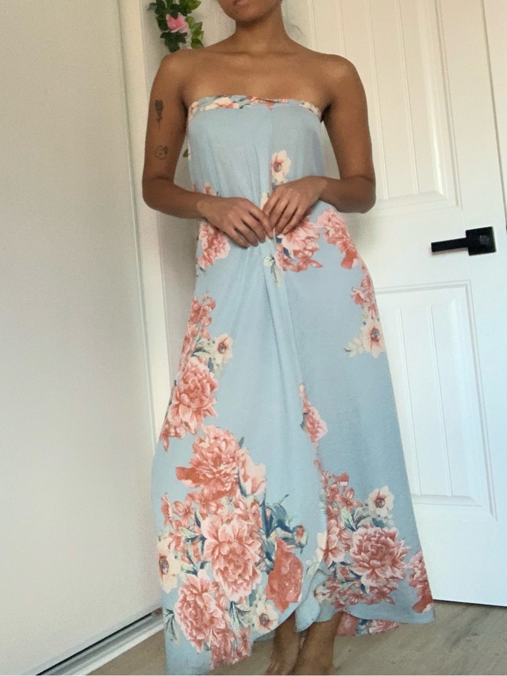 Olivaceous Strapless Floral Maxi Dress in Light Blue and Peach